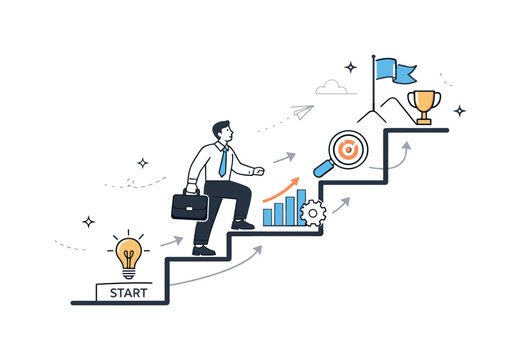 Career Path Illustration. Career growth journey. A professional climbing a simple career path with milestones and icons, showing steady progress and ambition.