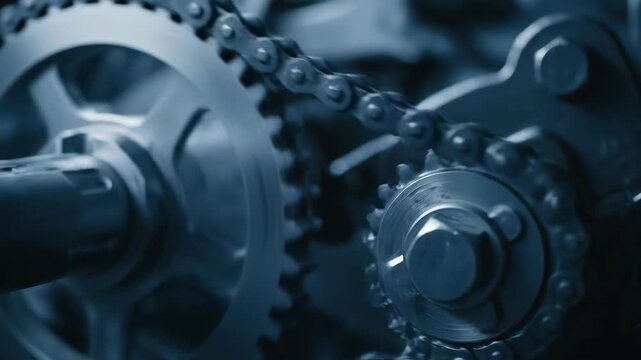 Macro shot of machinery, with gears and chain. Details visible with chain and wheels