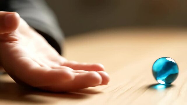 A human hand cradles a blue marble on a wooden surface. The close-up view focuses on the details and texture of the objects