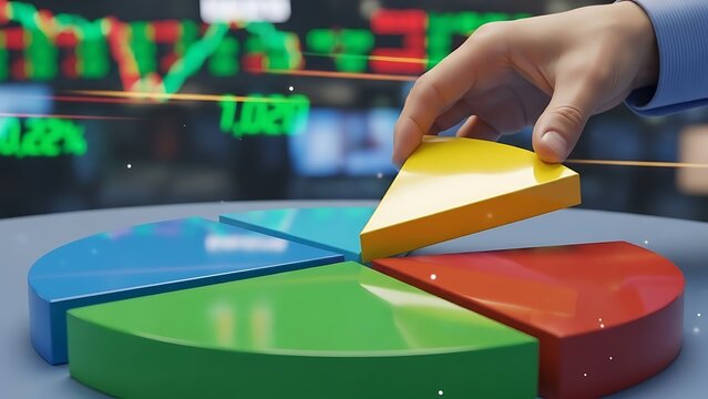 Close-up of Businessman Hand Completing 3D Pie Chart with Yellow Segment on Desk, Financial Growth Concept and Market Share Analytics with Blurred Stock Exchange Background. AI Generative - Powered by Adobe