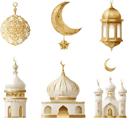 Obraz premium Isolated a kinds of deferent Muslim Islamic elements vector art with white background.