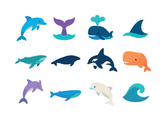 Fototapeta premium Whale and Dolphin Icons. whales & dolphins. Colorful flat vector icons set of whales & dolphins: dolphin leap, whale fluke, blowhole spray, dorsal fin, fin