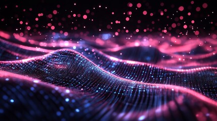 A vibrant digital landscape with pink and purple hues and sparkling particles in a futuristic abstract scene