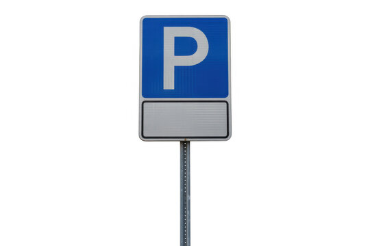 Blue and White Parking Sign on Metal Pole isolated on a transparent background