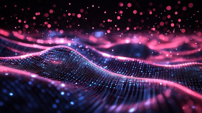 A vibrant digital landscape with pink and purple hues and sparkling particles in a futuristic abstract scene - Powered by Adobe