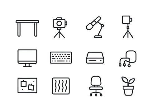 Creative Studio Icons. Creative Studio Setup. Line icon set of Creative Studio Setup: desk setup, camera stand, mic arm, lighting tripod, monitor screen,