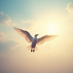 White Seagull Gliding Gracefully Through a Soft Sunset Sky