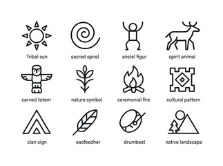 Fototapeta premium Indigenous Symbol Icons. Indigenous symbols. Line icon set of Indigenous symbols: tribal sun, sacred spiral, ancestral figure, spirit animal, carved totem,