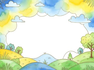 Fototapeta premium Watercolor landscape frame with rolling hills, trees, river and cloudy sky. Hand drawn nature border with copy space for text, cards, invitations and design projects.