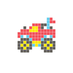 A flat pixel design made of geometric square color blocks on a clean icon layout. Pixel art monster truck