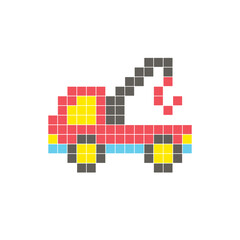 A flat pixel design made of geometric square color blocks on a clean icon layout. Pixel art tow truck