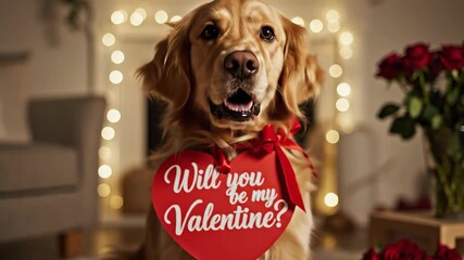 Golden retriever dog wearing a red heart sign with Will you be my Valentine text. Cute pet sitting in a cozy home with roses and warm lights. Valentine's Day celebration concept