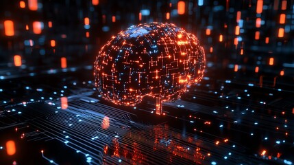 A glowing digital globe sits atop a circuit board surrounded by vibrant neon lights in a futuristic technological landscape