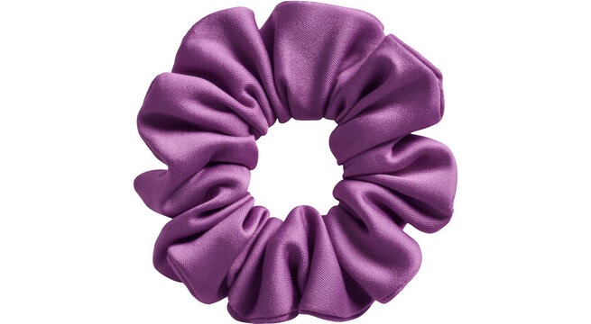 Purple satin scrunchie hair tie isolated on a transparent background