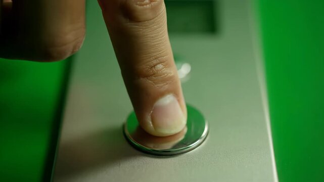 A finger presses a circular button on a silver surface. The button shines, with green background