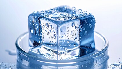 Ice cube in glass, close-up macro photography capturing crystal-clear texture, sharp edges, and melting droplets. Refreshing cold beverage detail, condensation, transparency, light reflection, drink p