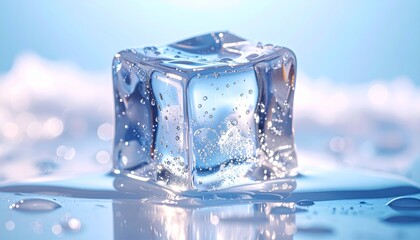 Ice cube in glass, close-up macro photography capturing crystal-clear texture, sharp edges, and melting droplets. Refreshing cold beverage detail, condensation, transparency, light reflection, drink p