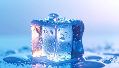 Ice cube in glass, close-up macro photography capturing crystal-clear texture, sharp edges, and melting droplets. Refreshing cold beverage detail, condensation, transparency, light reflection, drink p