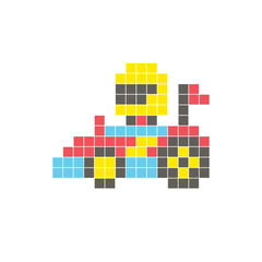 A flat pixel design made of geometric square color blocks on a clean icon layout. Pixel art race car with driver