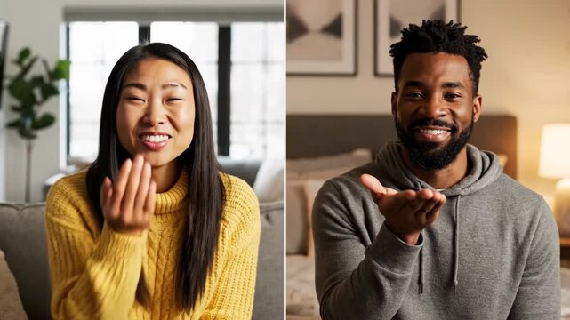 Diverse couple blowing kisses during a video call. Long distance relationship and Valentine's Day concept. Split screen of an Asian woman and Black man connecting online