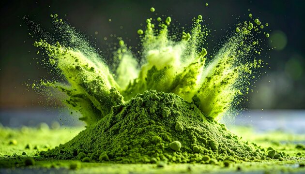 Matcha, powder, splash, green tea, healthy, vibrant, natural, organic, energetic, aromatic, antioxidant-rich, ceremonial, culinary, fine, delicate, antioxidant, lifestyle, wellness, smoothie, latte, m - Powered by Adobe