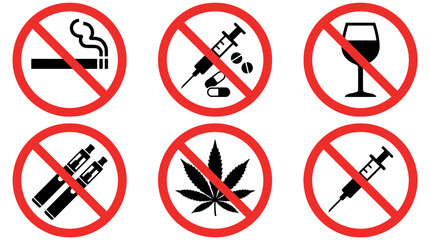 Forbidding Vector Signs featuring no smoking no drugs and no alcohol symbols for public safety © HeLLo WorLd