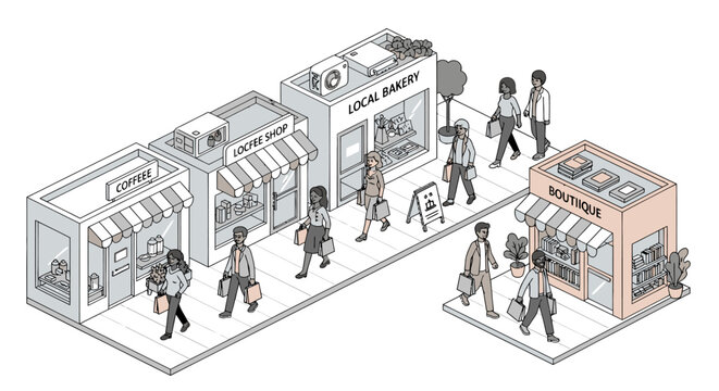 Isometric Illustration of Shopping Mall Scene People.