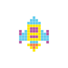 A flat pixel design made of geometric square color blocks on a clean icon layout. Pixel art rocket