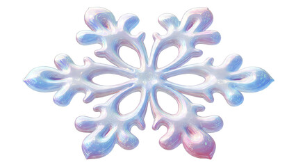 A delicate, six pointed snowflake ornament with iridescent blue and pink hues.
