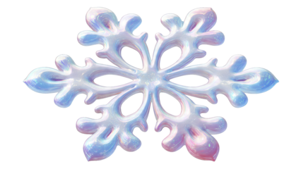 A delicate, six pointed snowflake ornament with iridescent blue and pink hues.