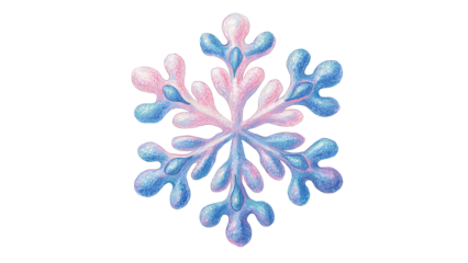 A delicate snowflake with alternating blue and pink icy branches forms a symmetrical hexagonal.