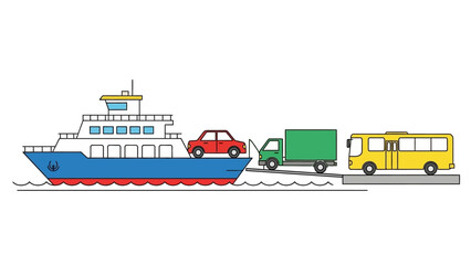 Obraz premium Vehicles being transported on a large cargo ship approaching the dock with a truck and bus on the road nearby