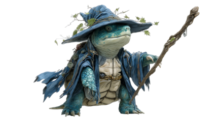 A mystical turtle creature wearing a blue wizard hat and robe, holding a magical staff.