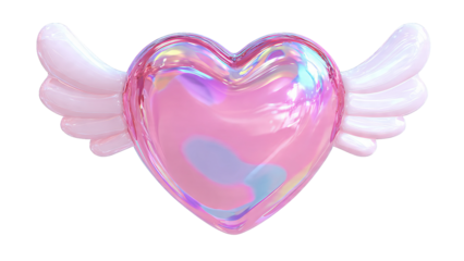 A glossy pink heart with iridescent highlights and delicate white wings floats against a white.