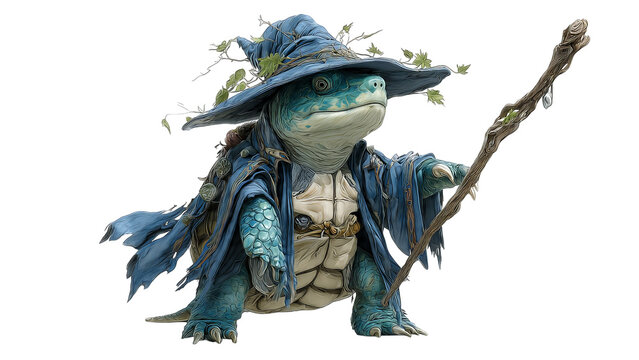 A mystical turtle creature wearing a blue wizard hat and robe, holding a magical staff.