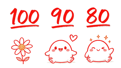 Cute characters and numbers 100, 90, 80 with a flower and sparkles.