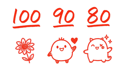 Cute hand drawn red numbers 100, 90, 80 with charming characters and a flower.