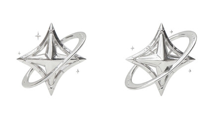A metallic star shape with orbiting rings and sparkling accents suggests achievement or celestial.
