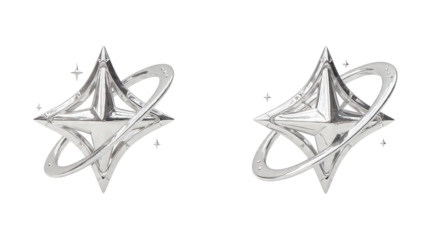 A metallic star shape with orbiting rings and sparkling accents suggests achievement or celestial.