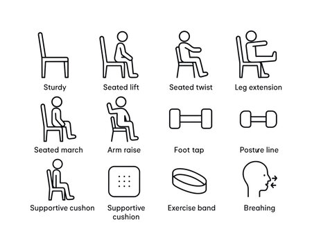 Chair-based Fitness Icons. Chair-based fitness. Line icon set of Chair-based fitness: sturdy chair, seated lift, seated twist, leg extension, seated march, arm