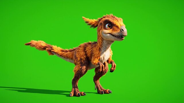 Animated dinosaur character walking across vibrant green background in a