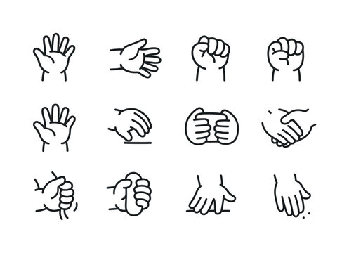 Baby Hand Motions. Baby hands grasping. Line icon set of baby hand motions: reaching upward, reaching sideways, grasping downward, curling fingers inward,