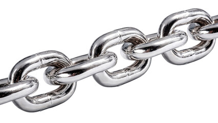 Obraz premium A close up view of a strong, shiny metal chain with interlocking links on a white surface.