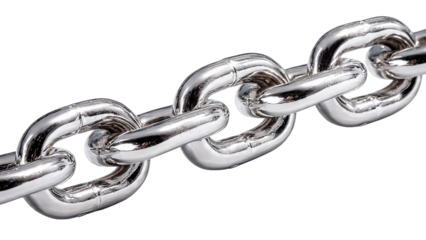 A close up view of a strong, shiny metal chain with interlocking links on a white surface.