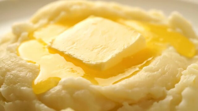 A close-up shows a serving of mashed potatoes with a melting butter on top, creating a creamy and delicious look