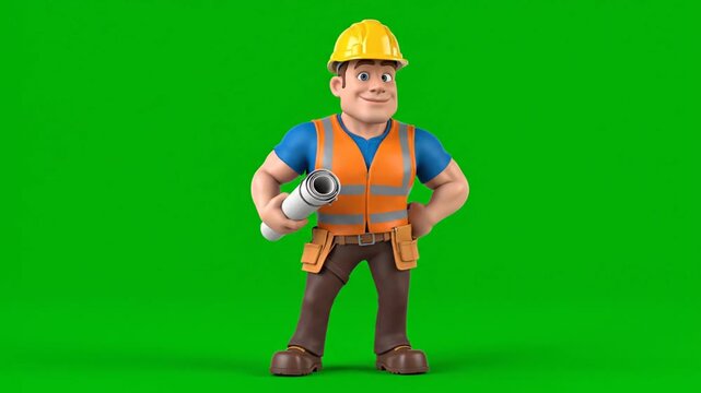 Animated construction worker character set with various poses and tools in