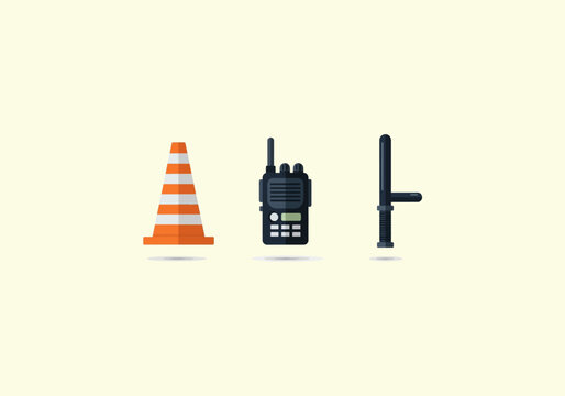 Vector Flat Concept Flat vector icon set of police and security equipment - traffic cone, walkie-talkie, and tonfa baton.