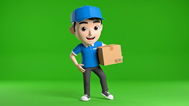 Animated delivery courier character presenting package against vibrant green