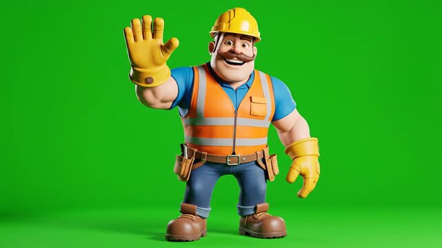 Animated Construction Worker Figurine Changing Poses on Green Screen