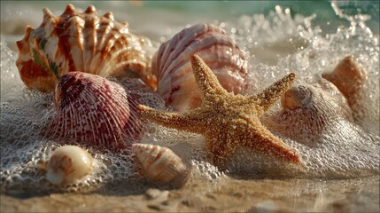 Seashells and a starfish scattered on the sandy beach with ocean waves splashing around during a sunny day